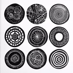 various types of circular shapes in black and white,six black and white circular shapes of different types