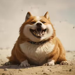 a red and white dog yawns while laying on sand