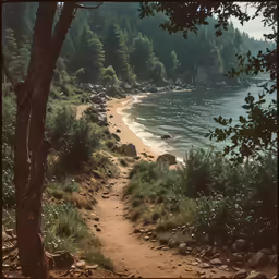 a path to the shore is leading up towards some water