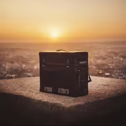 an old piece of luggage sitting on top of a ledge