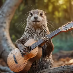 a cute wet otter is holding onto a guitar