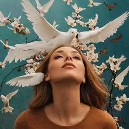 a beautiful young woman standing under flying white birds