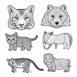 a number of animals that are in different styles,six animal faces drawn with black ink