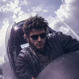a man in sunglasses and a jacket sitting in a plane
