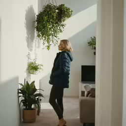 a woman looks at a potted plant as she walks out a doorway
