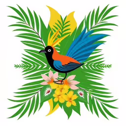 colorful birds surrounded by plants and flowers,tropical birds with colorful wings, surrounded by tropical flowers and leaves