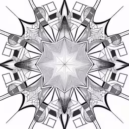 the center of a large geometric pattern that is white and black,a pattern of lines, which looks like an image with squares