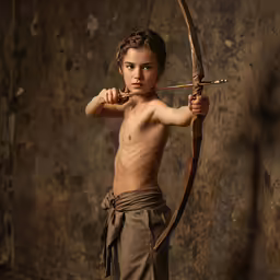 a boy with no shirt poses with a bow and arrow
