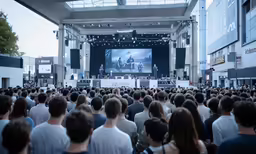 the audience is looking at a screen displaying a concert