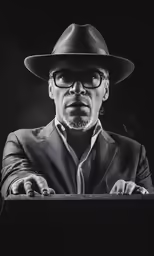 a man wearing a suit and tie with a hat on
