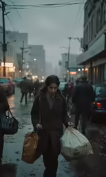 the woman is walking down the street carrying her bag