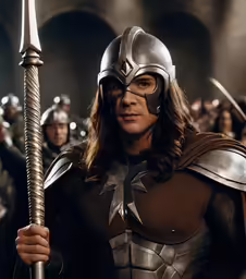 the man in a costume holding a sword and wearing armor