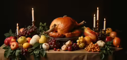 a table is covered in fruits and veggies and candles