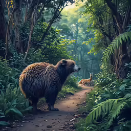 a large bear standing on a dirt road in the woods