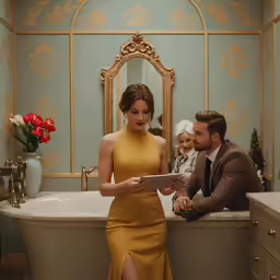 a man and woman in bathroom next to bathtub