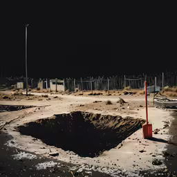 a parking lot has a very big hole in it