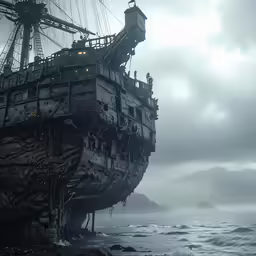 a ship is on the beach in an overcast sky