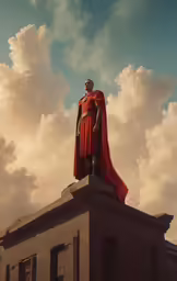a statue stands atop a building beneath a cloudy sky