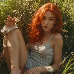 a woman with red hair sits on the ground with her hand raised