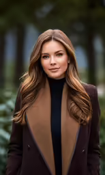 the beautiful woman in brown coat smiles as she poses