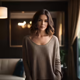 a woman standing with a tan sweater over her shoulders