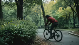 a person riding a bike through a green park