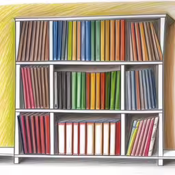 a bookcase full of books in the room,a drawing of a book shelf filled with lots of books,colored pencil sketch of bookshelves in front of a yellow wall,a large stack of books on a long shelf,a drawing of a bookcase filled with books