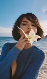 woman with blue top on beach holding white flower