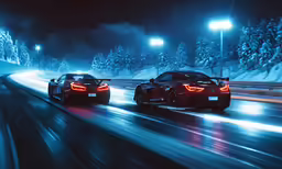 two cars driving on a road at night in winter