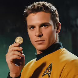 a young man wearing star trek uniform holding a gold medallion