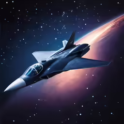 an artistic depiction of a fighter jet in space