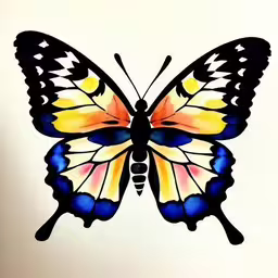 an illustration of a multicolored butterfly on a white background,a colorful butterfly on a white background,a close up view of an orange, blue and black butterfly,an image of a butterfly that is painted on a piece of paper,the painting is of an abstract butterfly on white paper