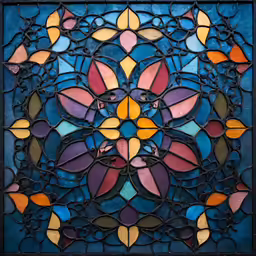 a stained glass window on a blue wall