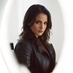 the woman is standing in a leather jacket