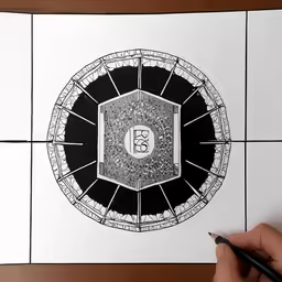 a drawing of a white circle with black edges and an e on it