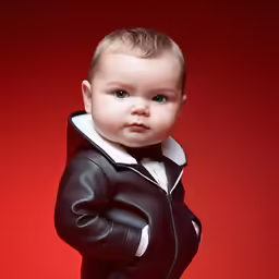 a small kid is wearing black leather clothes