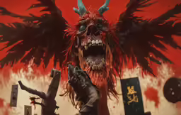 a demonic figure standing in front of a red wall