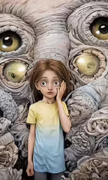 an artistic painting of a girl surrounded by a massive set of eyeballs