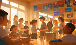 several children sitting at a table and a man standing up talking