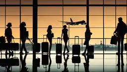 a group of people standing around an airport waiting for their luggage,silhouette of people and luggage at the airport terminal
