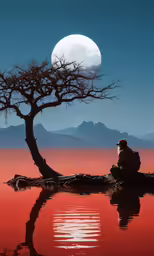 a man sitting on top of a tree in the middle of a lake