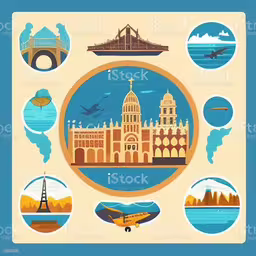 an illustration of different buildings, attractions and attractions around the world,an emblem design with many different cities