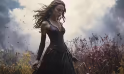 a woman in a long dress is walking through a field