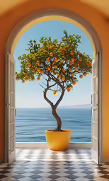 an orange tree is sitting in a pot on the windowsill