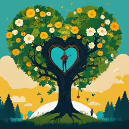 the heart shaped tree has flowers growing out of it,an illustrated heart tree with lots of flowers