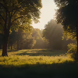 sun shining through trees and grass in an area