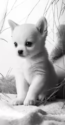 small white puppy sitting on top of a bed next to a bush