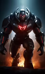 a man with armor standing in front of a dark background