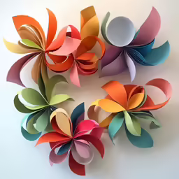 four colored paper flowers arranged in the shape of a flower