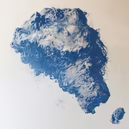 a painting on the wall with blue and white paint over a white background